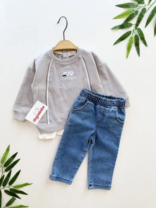 Marka Fermuar Detaylı Sweatli Kot Pantalonlu Takım