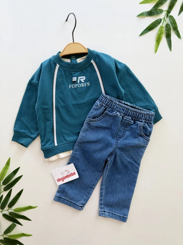 Marka Fermuar Detaylı Sweatli Kot Pantalonlu Takım