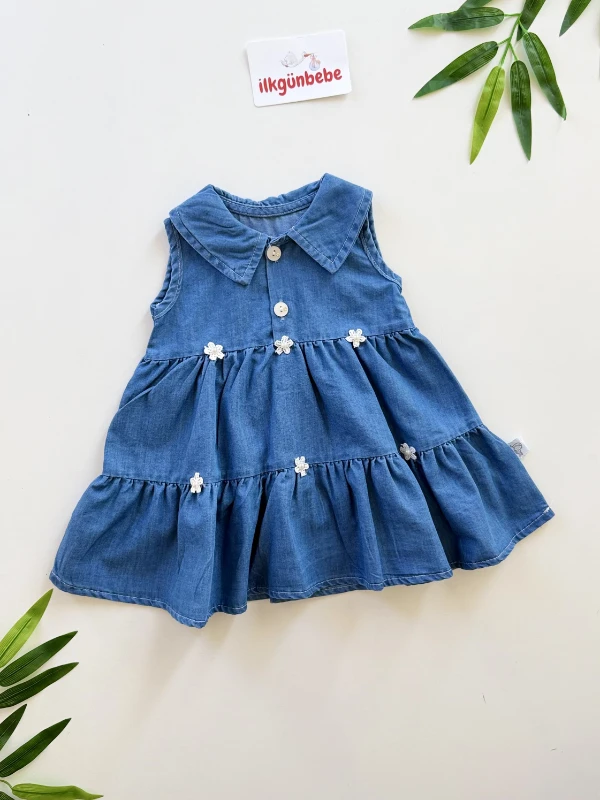 Çiçek Nakışlı Kot Elbise