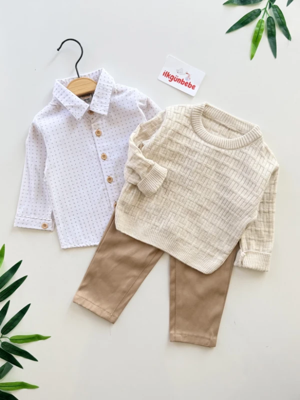 Triko Kazaklı Gömlekli Pantalonlu 3’lü Takım