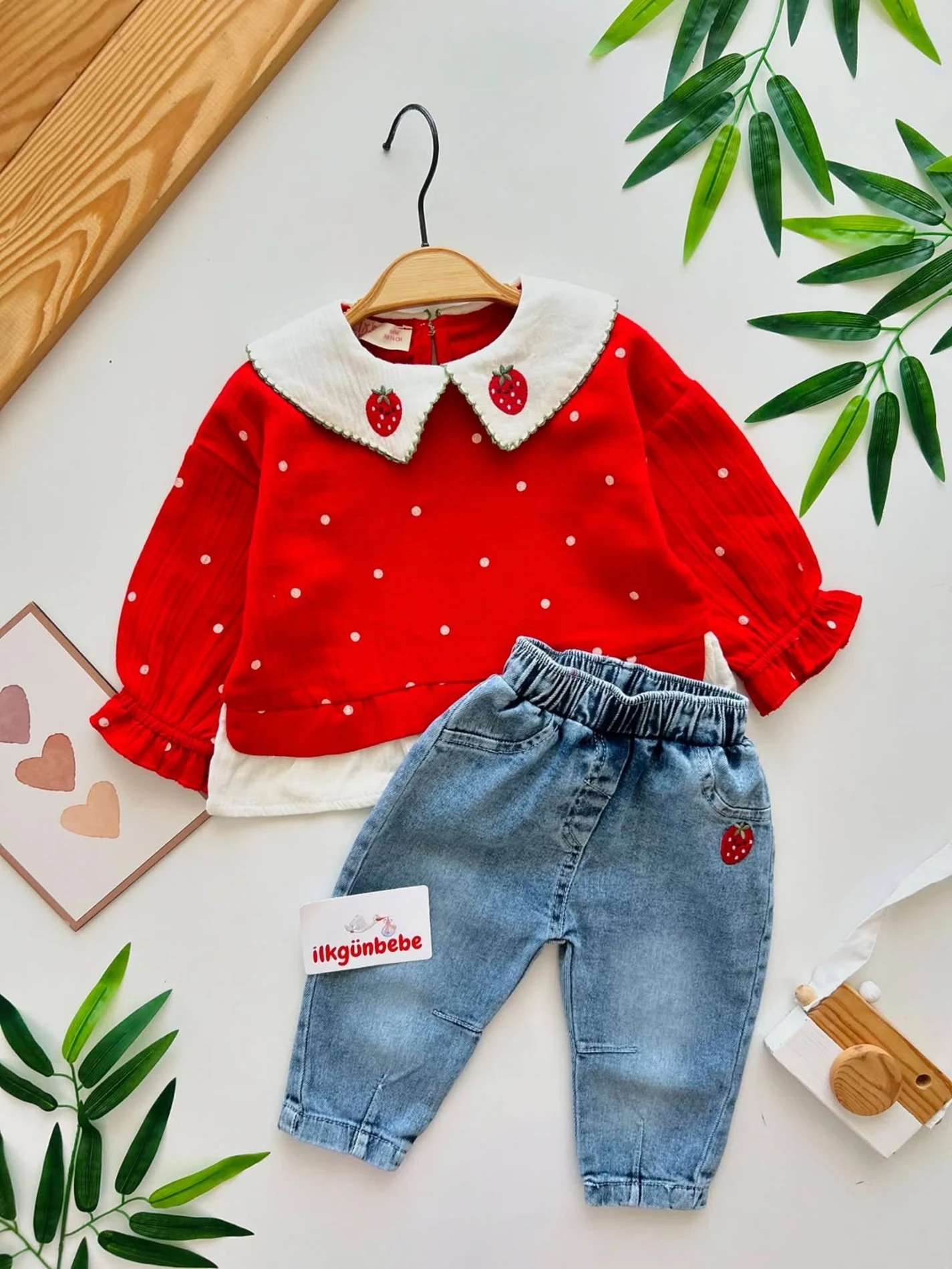 Çilek Yakalı Müslin Kumaş Sweatli Kot Pantalonlu Premium Kalite Takım