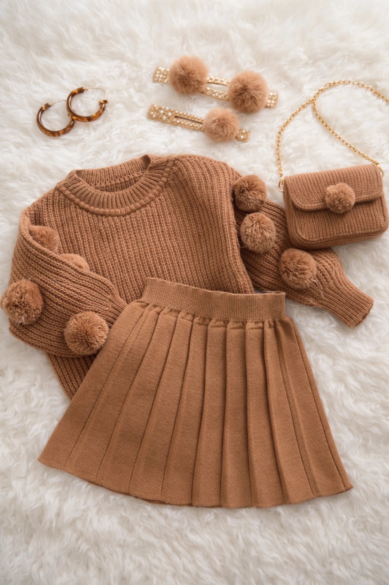 Selanik Örgüsü Kumaşlı Ponpon  Detaylı Triko Etekli 3’lü Takım