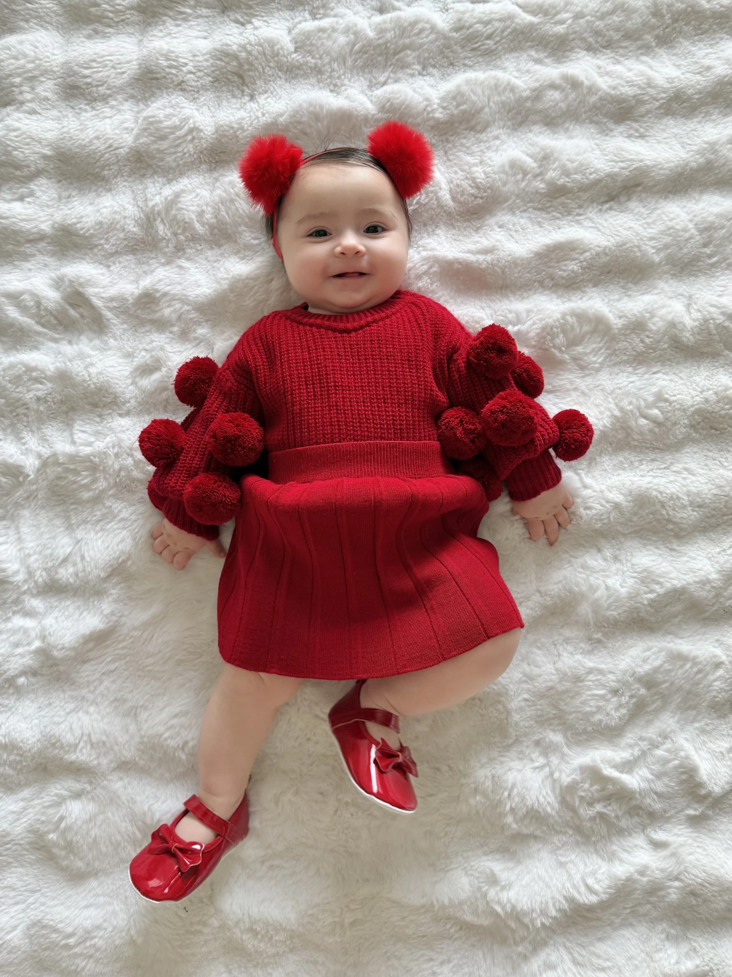 Selanik Örgüsü Kumaşlı Ponpon  Detaylı Triko Etekli 3’lü Takım