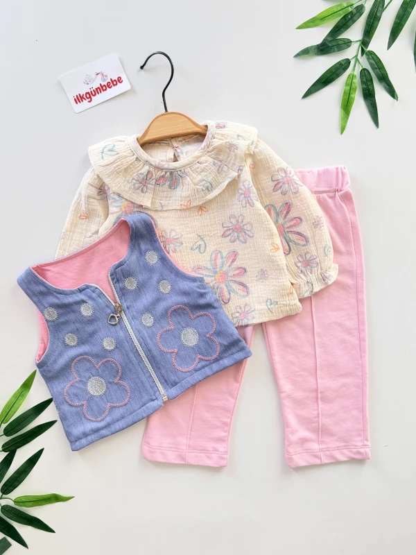 Çiçek Desenli Müslin & Kot Yelekli Pantalonlu 3’lü Takım