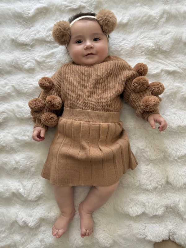 Selanik Örgüsü Kumaşlı Ponpon  Detaylı Triko Etekli 3’lü Takım