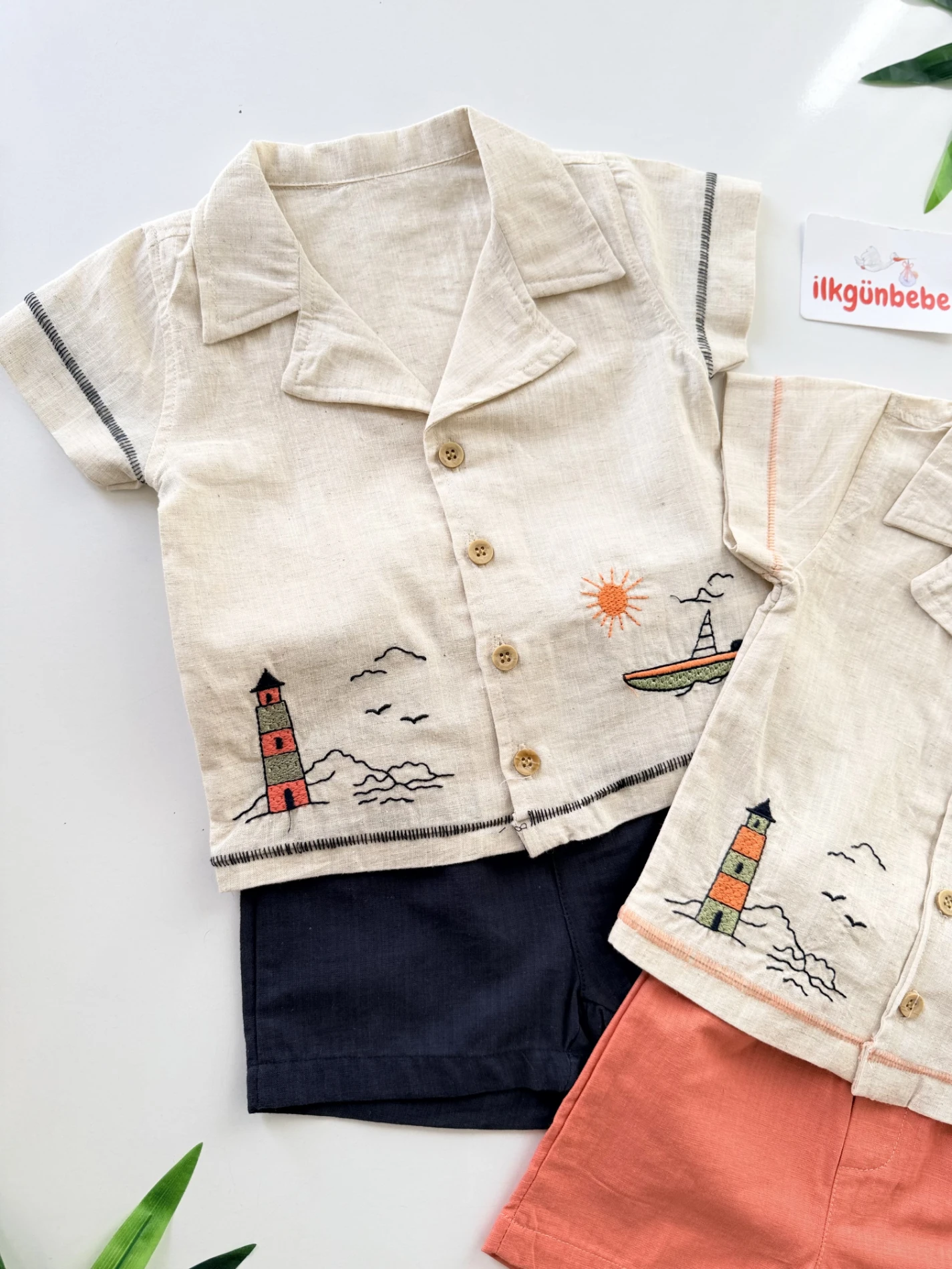 Denizci Nakışlı  Keten Gömlek Şort Takım