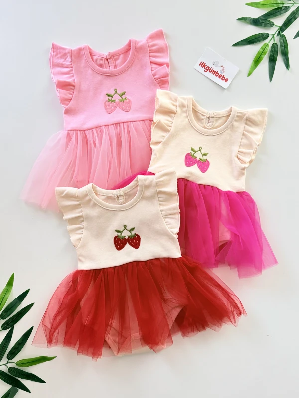 Çilek Desenli Tütülü Body Elbise