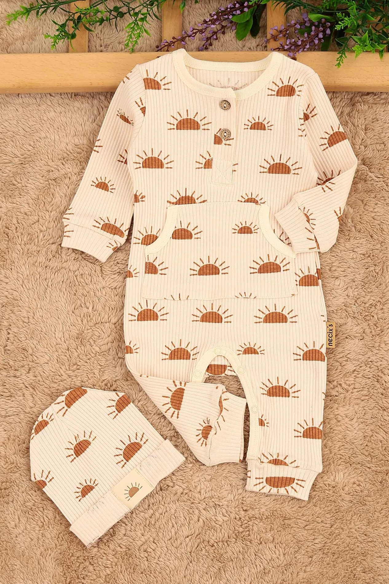 Güneş Detaylı Ribanalı Şapkalı Unısex Tulum