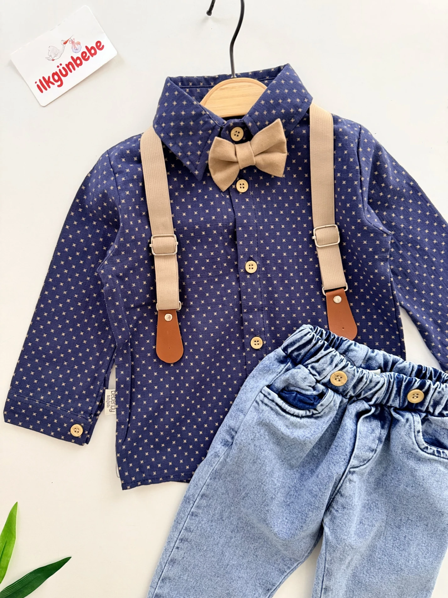 Papyonlu Askılı Kot Pantalon Gömlek 4’lü Takım