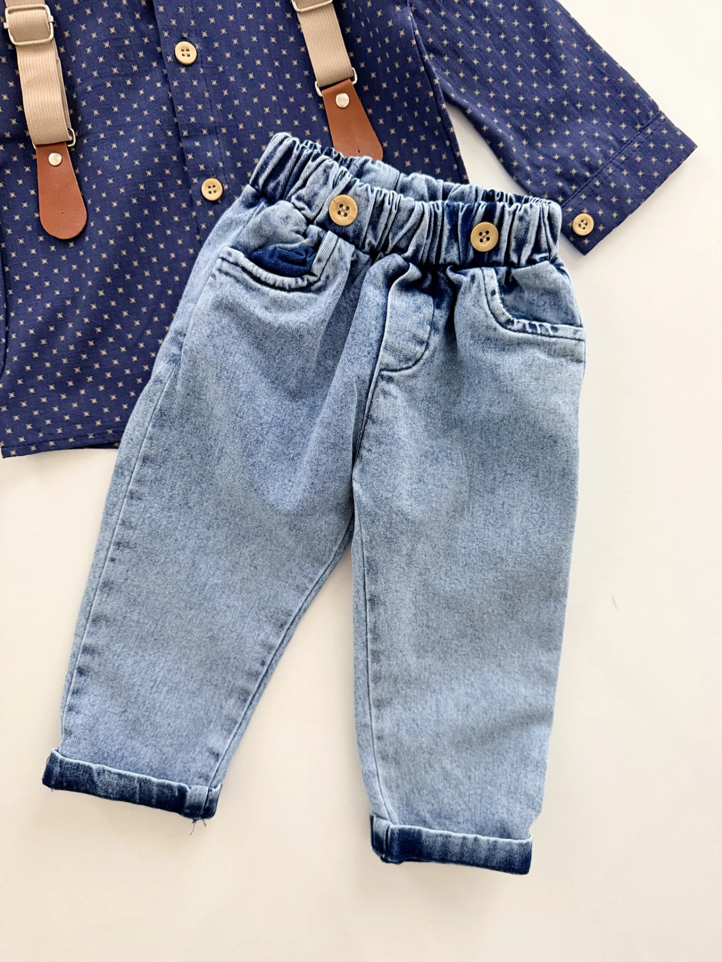 Papyonlu Askılı Kot Pantalon Gömlek 4’lü Takım