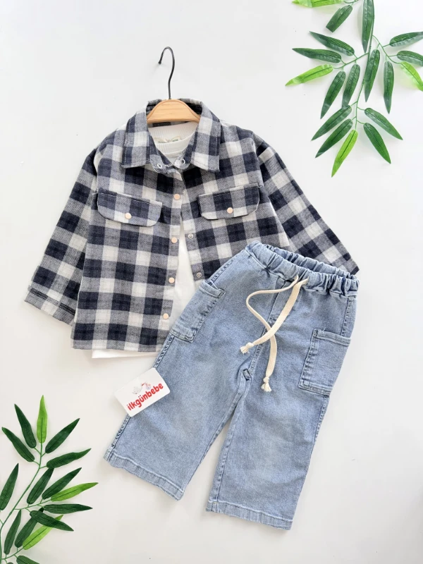 Ekose Oduncu Gömlekli Sweatli Kot Pantalonlu Premium Takım