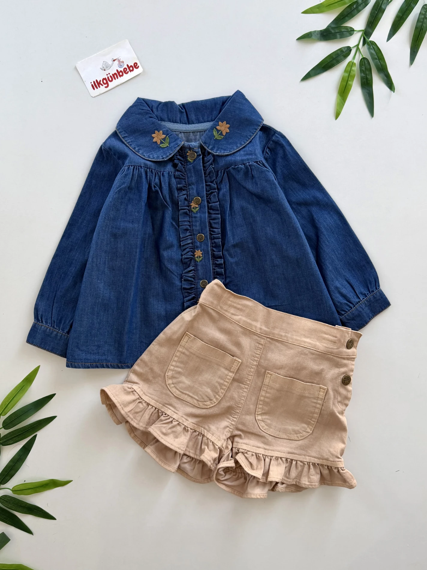 Chole Çiçek Nakış Kot Gömlek & Keten Şort Takım