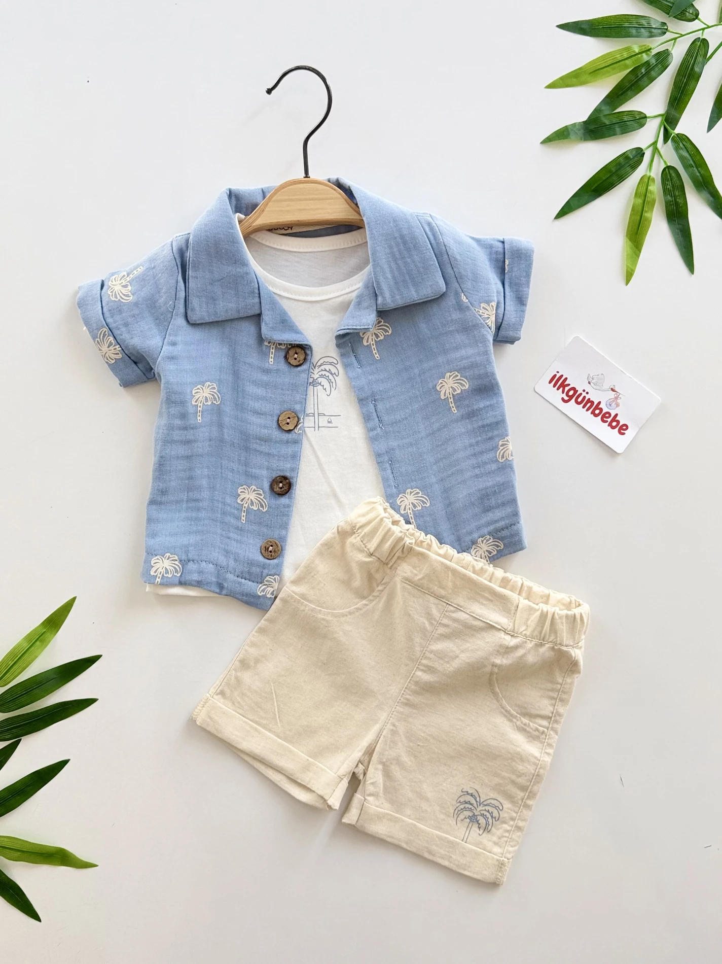 Kaktüs Desenli Müslin Gömlekli Keten Şortlu 3’lü Takım