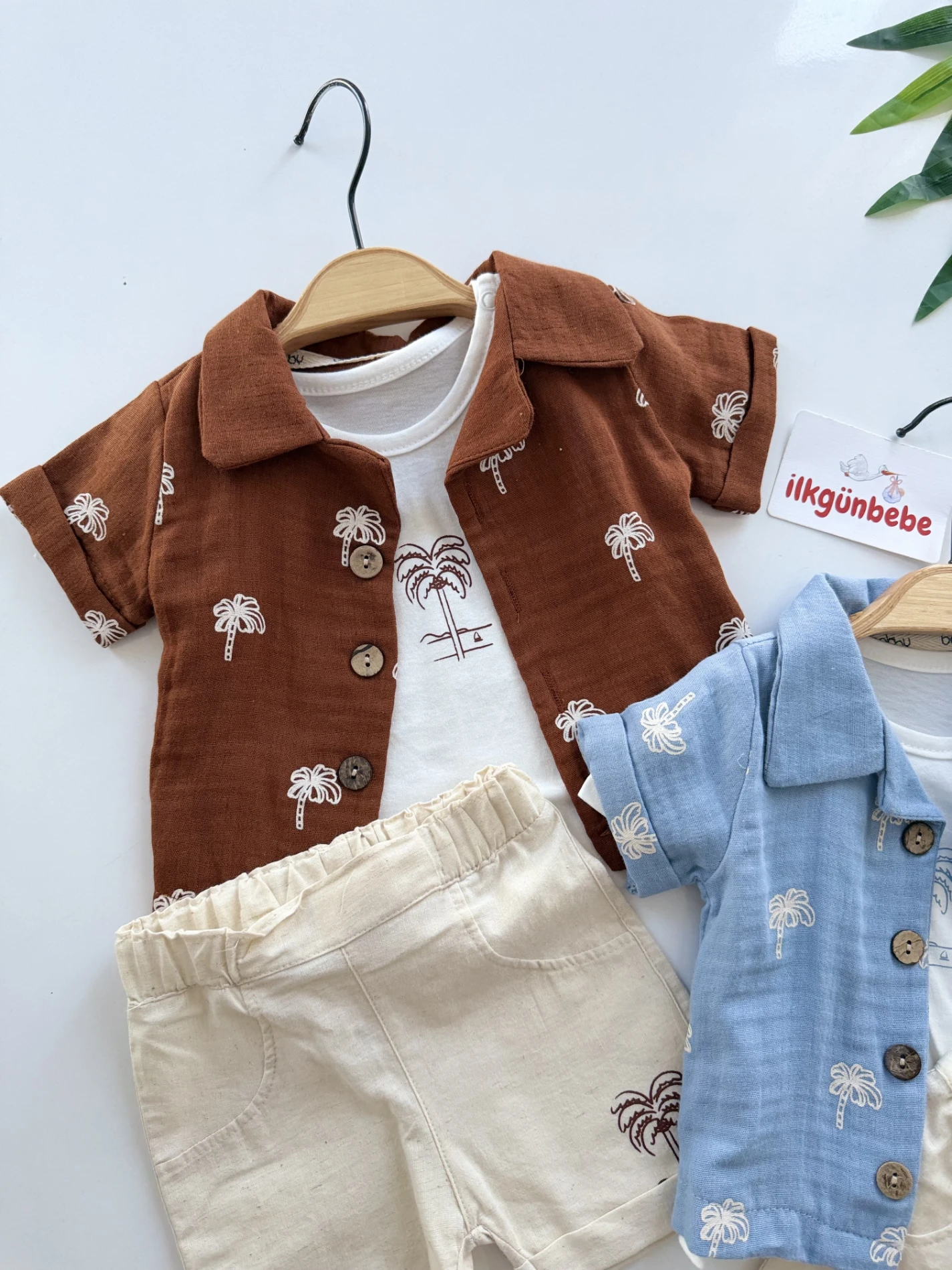 Kaktüs Desenli Müslin Gömlekli Keten Şortlu 3’lü Takım