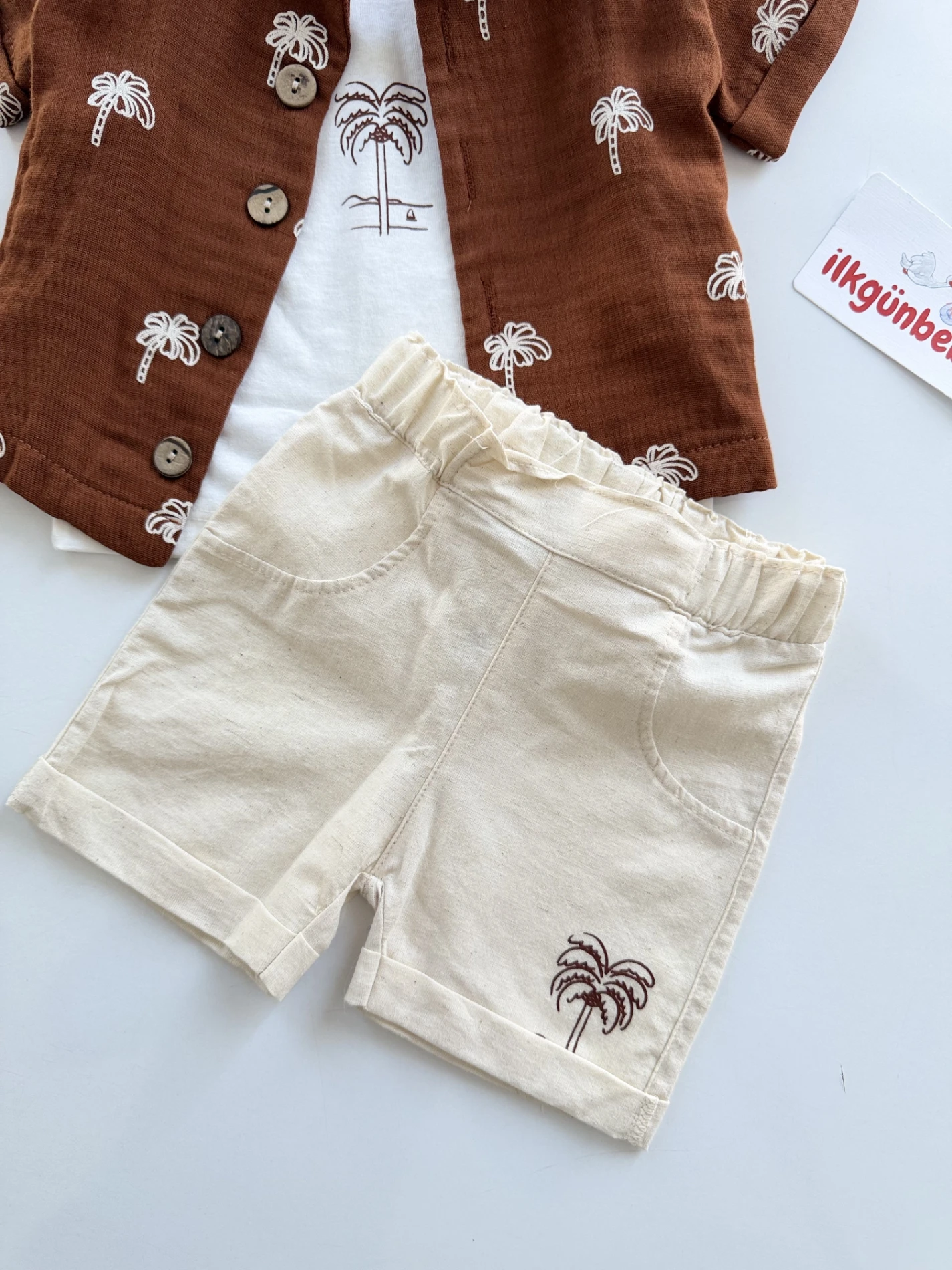 Kaktüs Desenli Müslin Gömlekli Keten Şortlu 3’lü Takım