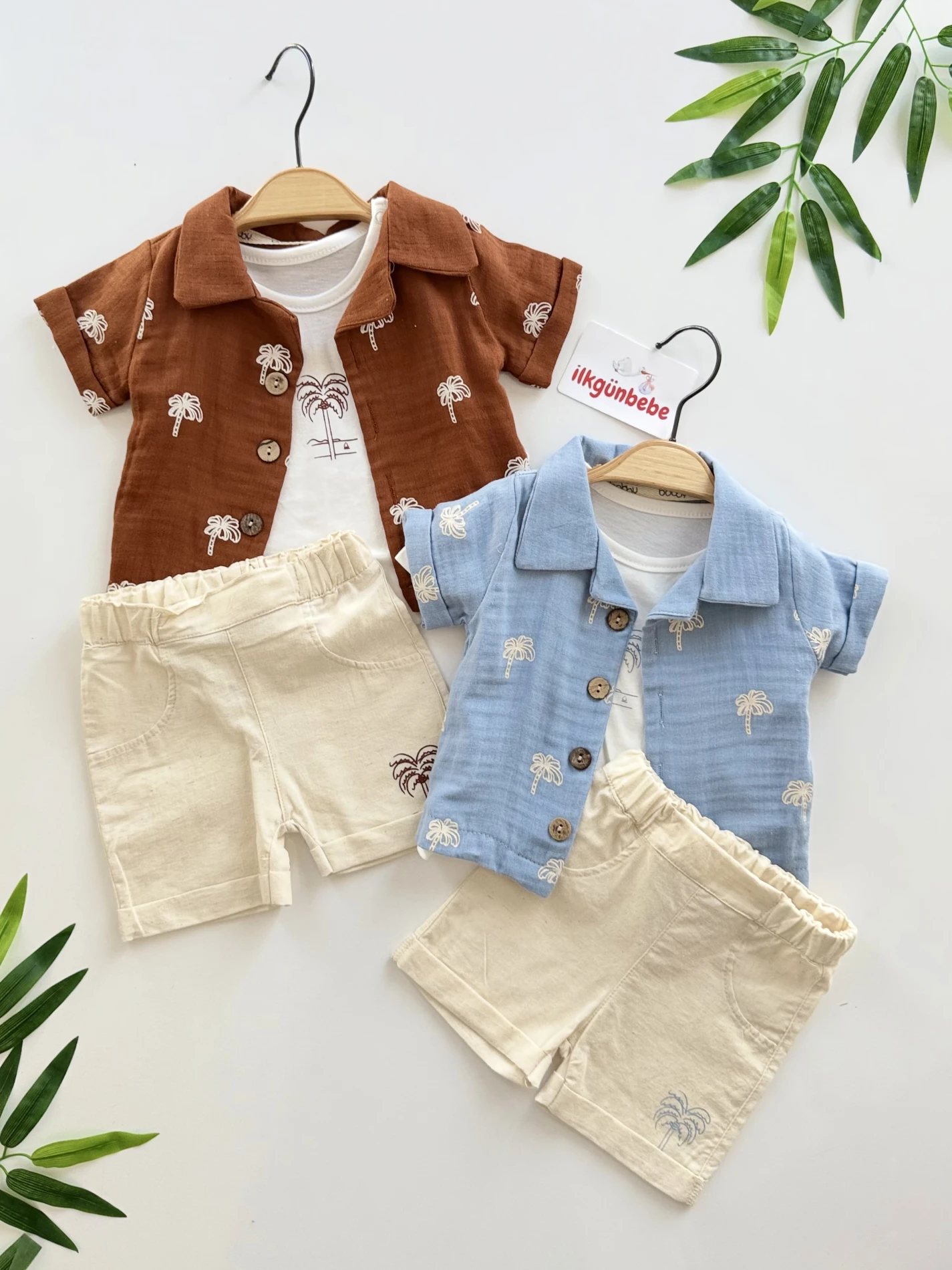 Kaktüs Desenli Müslin Gömlekli Keten Şortlu 3’lü Takım