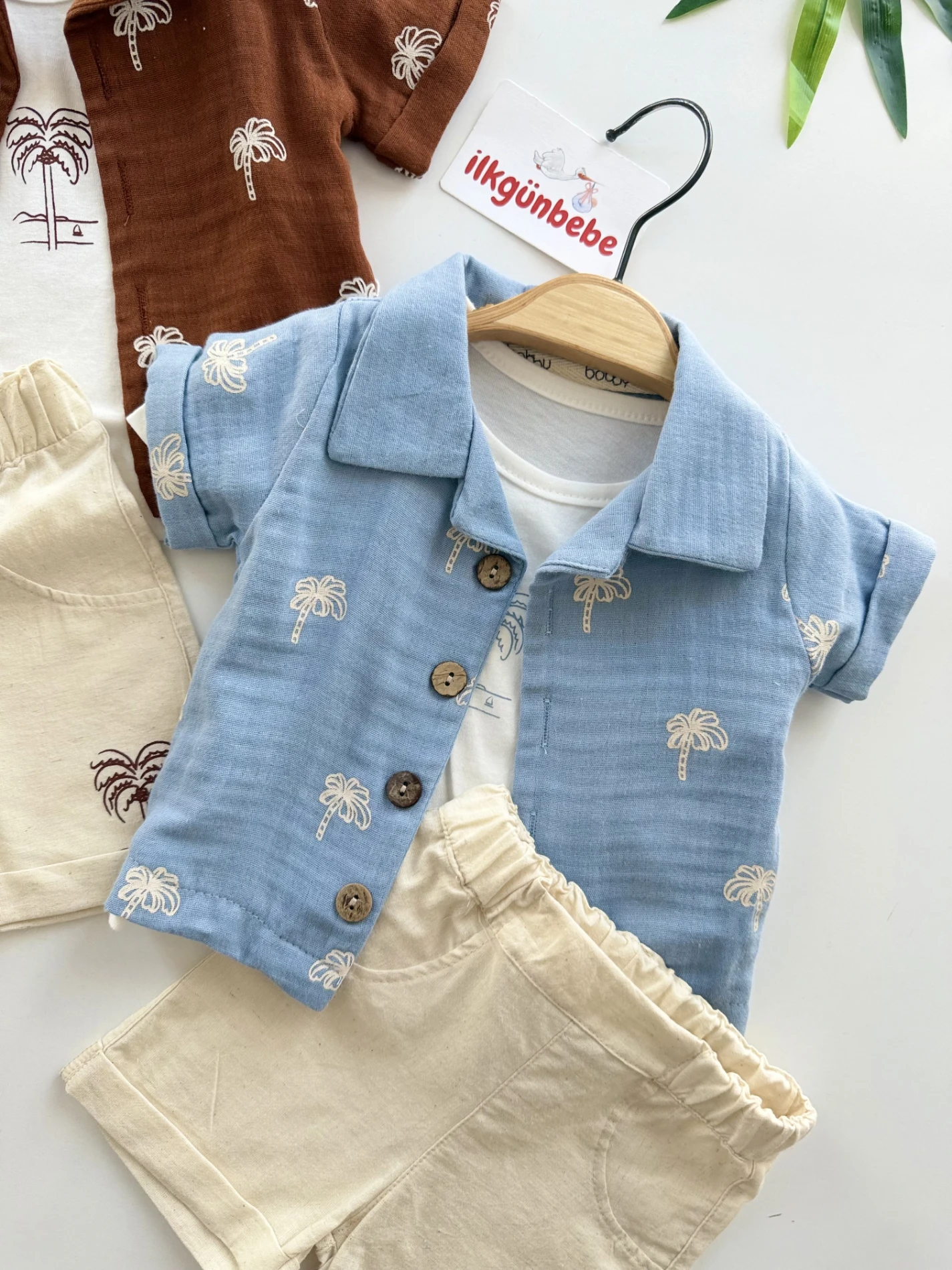 Kaktüs Desenli Müslin Gömlekli Keten Şortlu 3’lü Takım