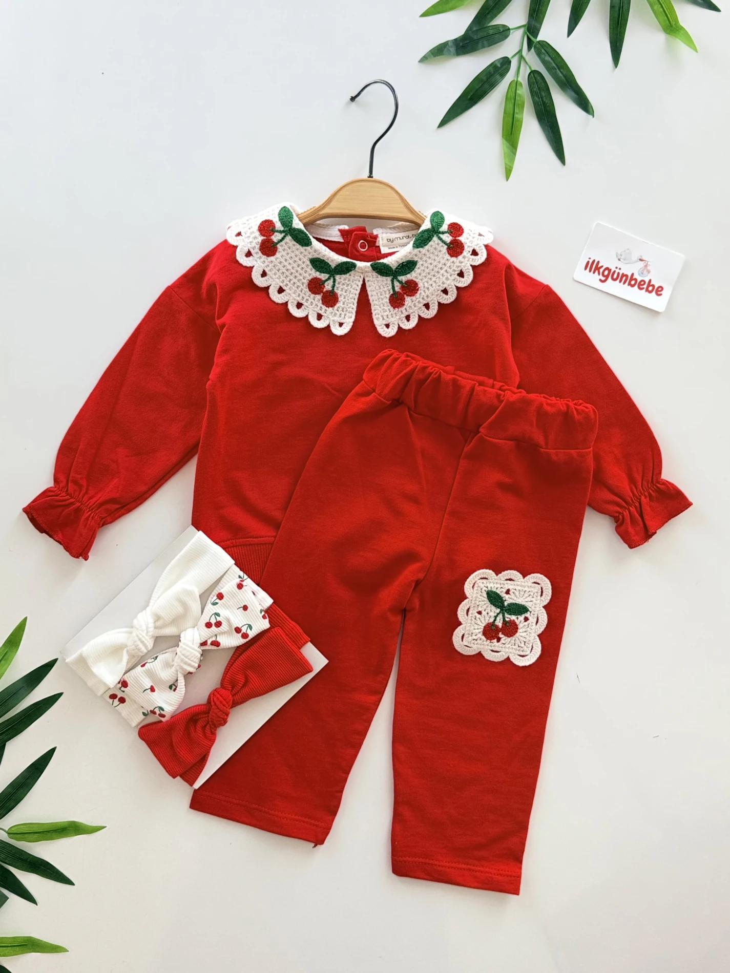 Kiraz Detaylı 2’li  %100 Pamuk Takım