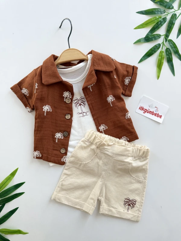 Kaktüs Desenli Müslin Gömlekli Keten Şortlu 3’lü Takım