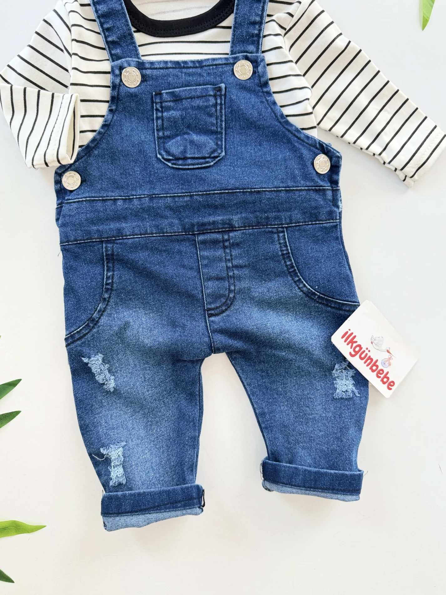 Çizgili Bodyli Kot Salopetli Set