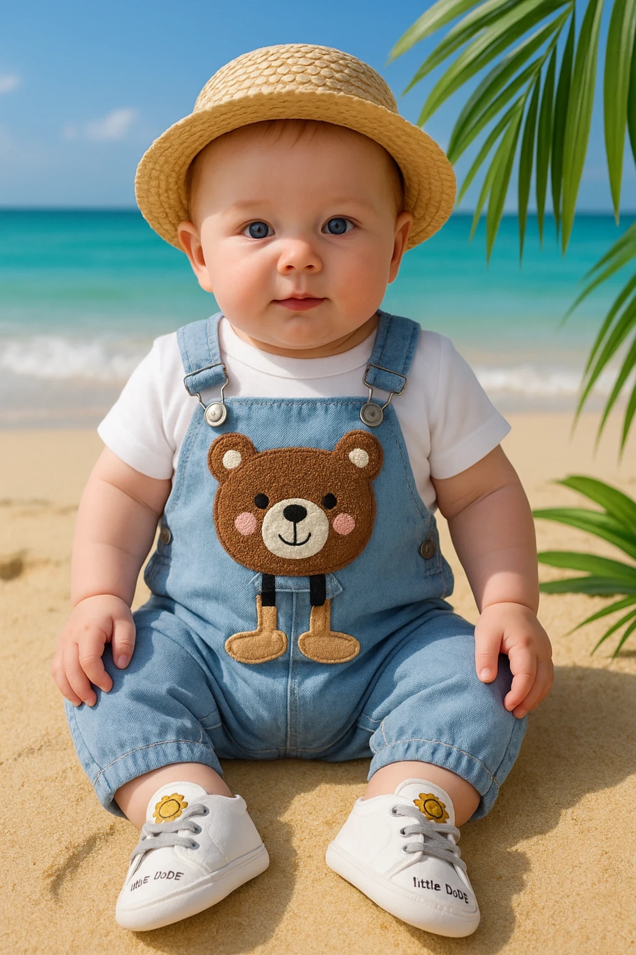 Bear Punch İşlemeli Likralı Kot Kumaş Salopetli Badili 2’li Takım