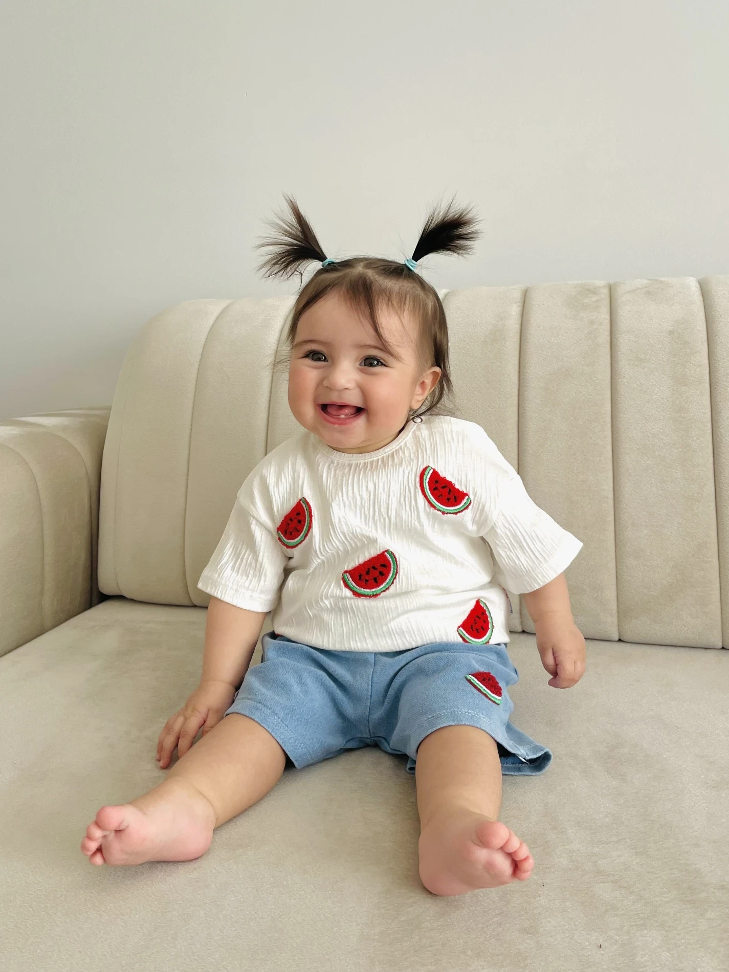 Karpuz  Nakışlı Bürümcük Kumaş Tişörtlü %100 Pamuk Likralı Esnek Kumaş 2’li Takım