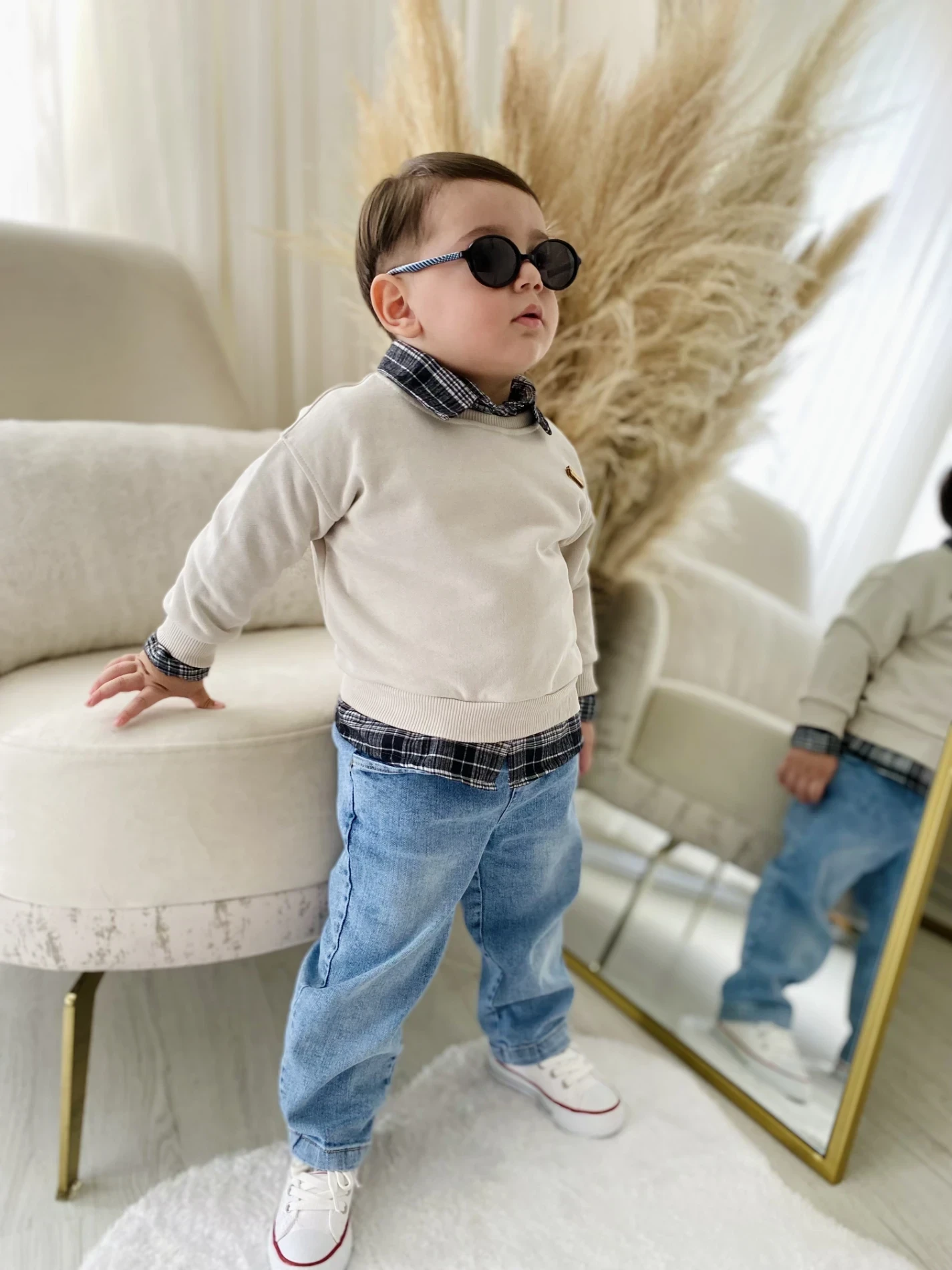 Premium Kalite Erkek Bebek Gömlek Sweatshirt Ve Kot Pantolon 3'Lü Takım 