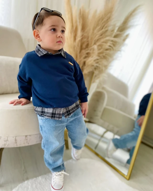 Premium Kalite Erkek Bebek Gömlek Sweatshirt Ve Kot Pantolon 3'Lü Takım 