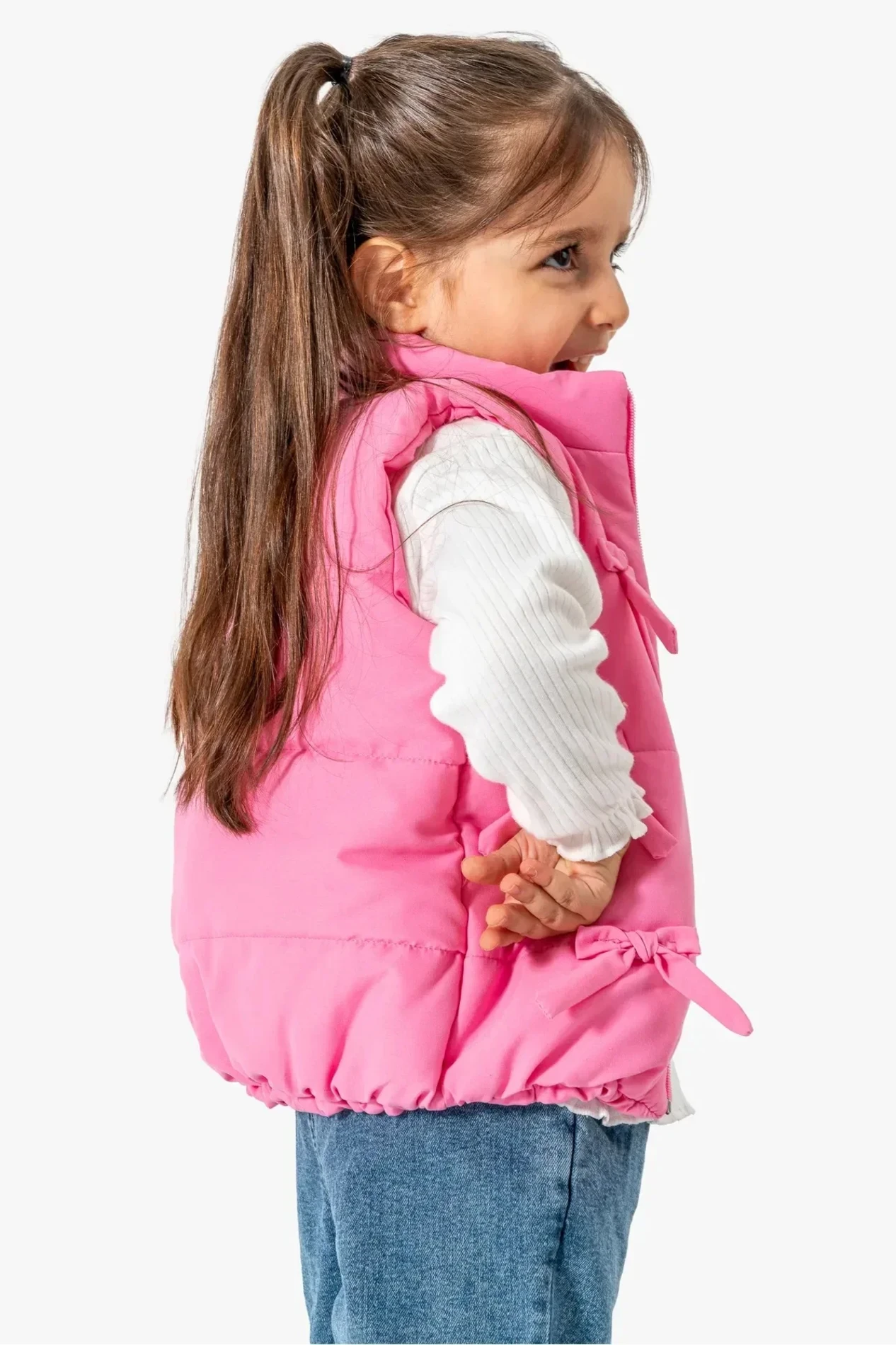 Fiyonklu Şişme Yelekli Kot Pantalonlu Bodyli 3’lü Takım