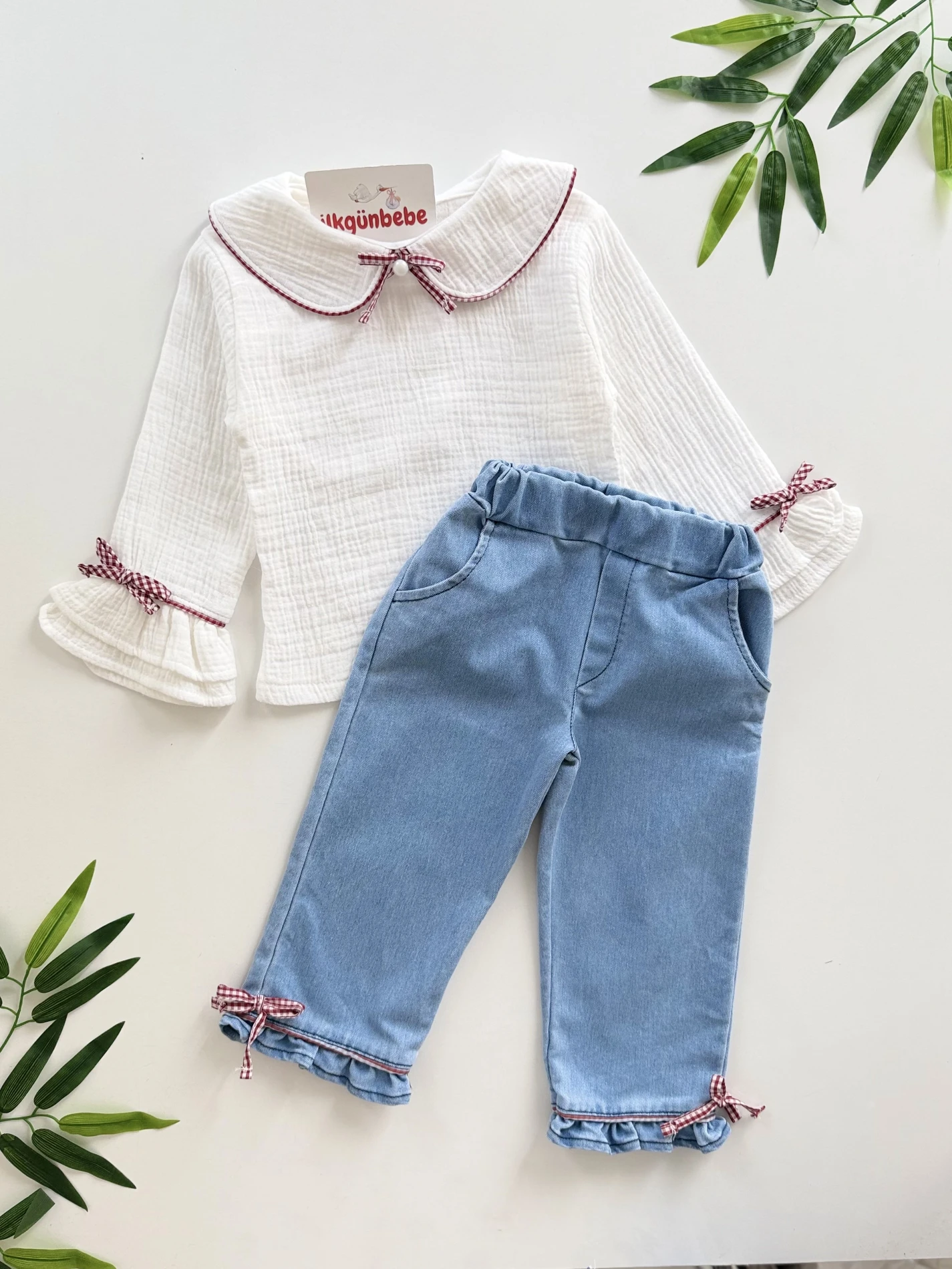 Pötikare Fiyonklu Müslin Yakalı Kot Pantalonlu 2’li Takım