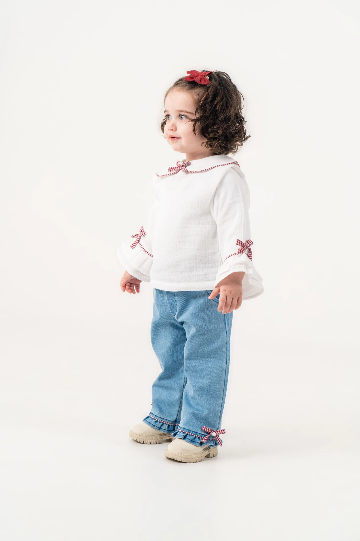 Pötikare Fiyonklu Müslin Yakalı Kot Pantalonlu 2’li Takım