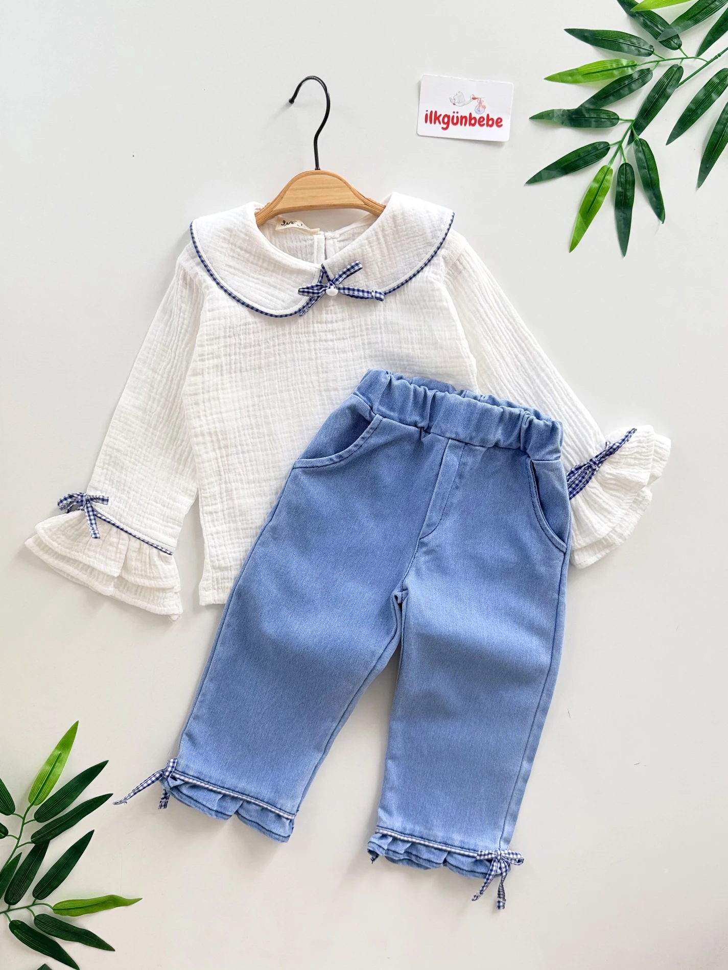 Pötikare Fiyonklu Müslin Yakalı Kot Pantalonlu 2’li Takım