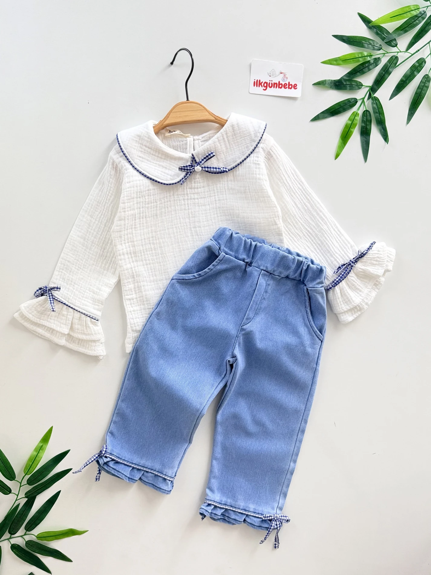 Pötikare Fiyonklu Müslin Yakalı Kot Pantalonlu 2’li Takım