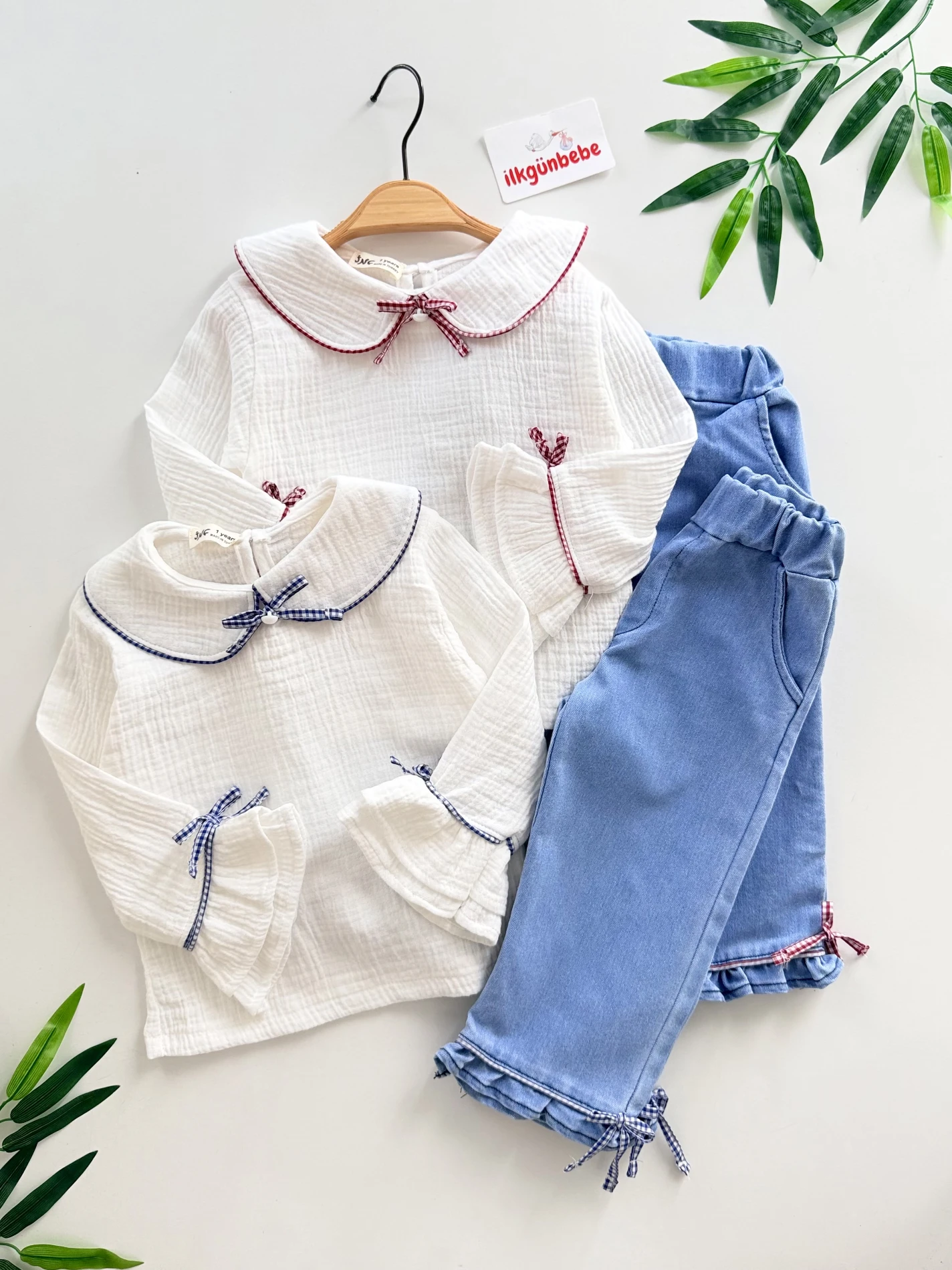 Pötikare Fiyonklu Müslin Yakalı Kot Pantalonlu 2’li Takım