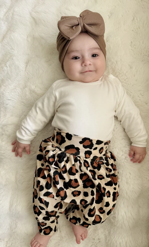 Leopar Desenli Şalvarlı UZUN Kollu Tişörtlü  3’lü Bandanalı  Takım
