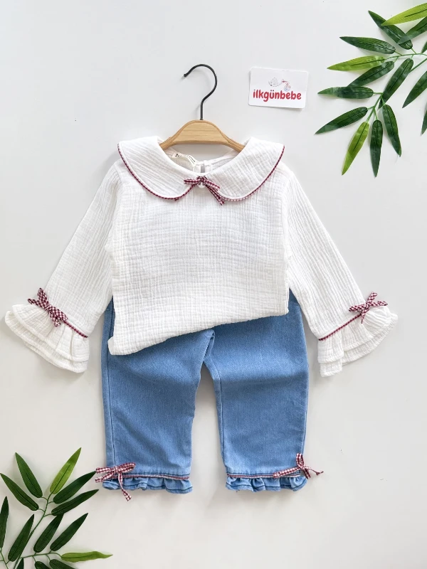 Pötikare Fiyonklu Müslin Yakalı Kot Pantalonlu 2’li Takım