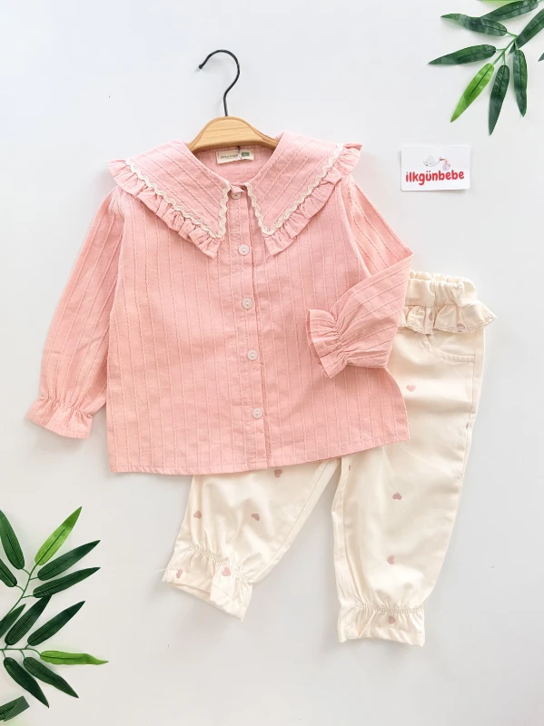 Su Taşı Yaka Detaylı Kalp Pantalonlu Premium Takım