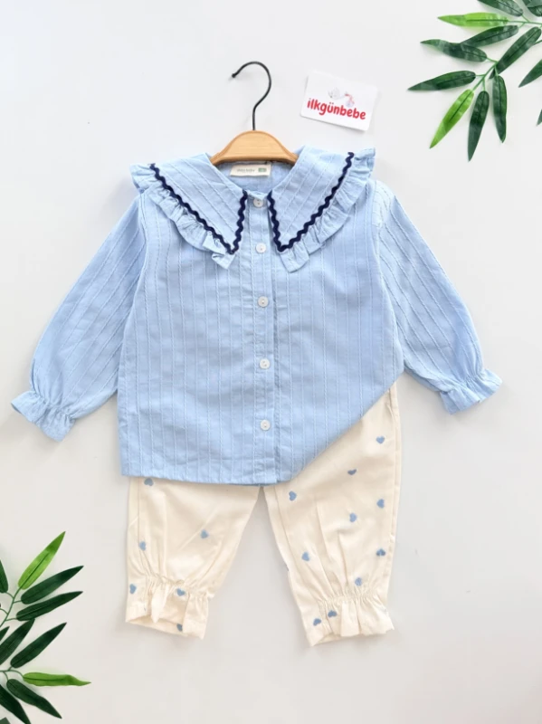 Su Taşı Yaka Detaylı Kalp Pantalonlu Premium Takım