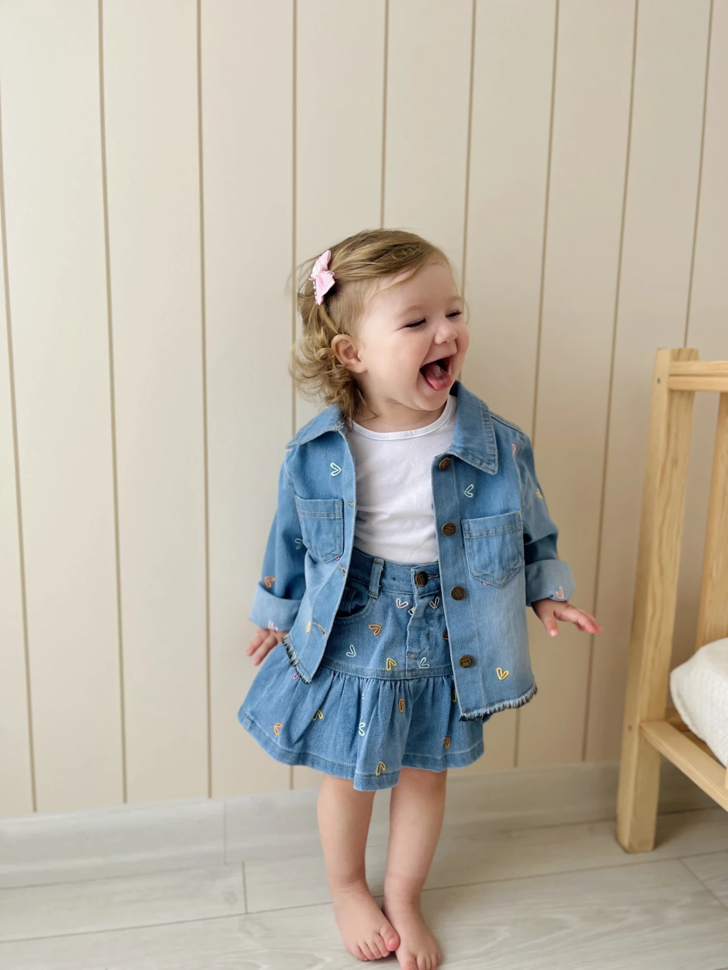 Kalp Nakışlı Kot  Fırfır Detaylı Etek Denim  