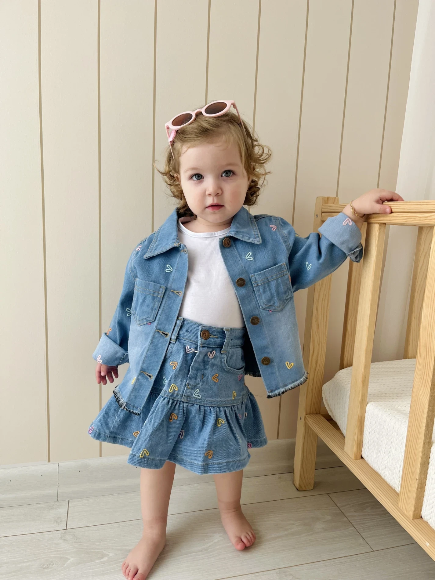 Kalp Nakışlı Kot  Fırfır Detaylı Etek Denim  