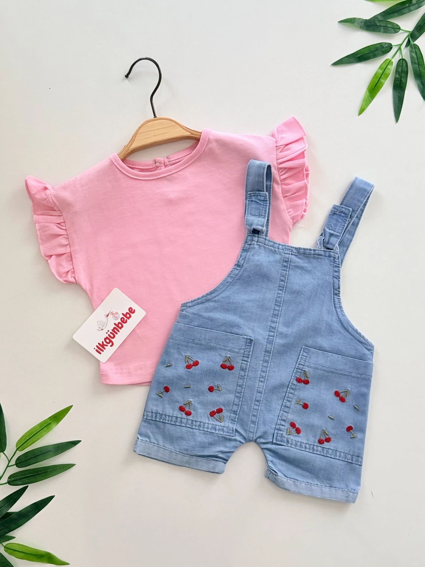 Cherry Denim Kot Cırtcırtlı Askılı Salopet & Fırfırlı Body 
