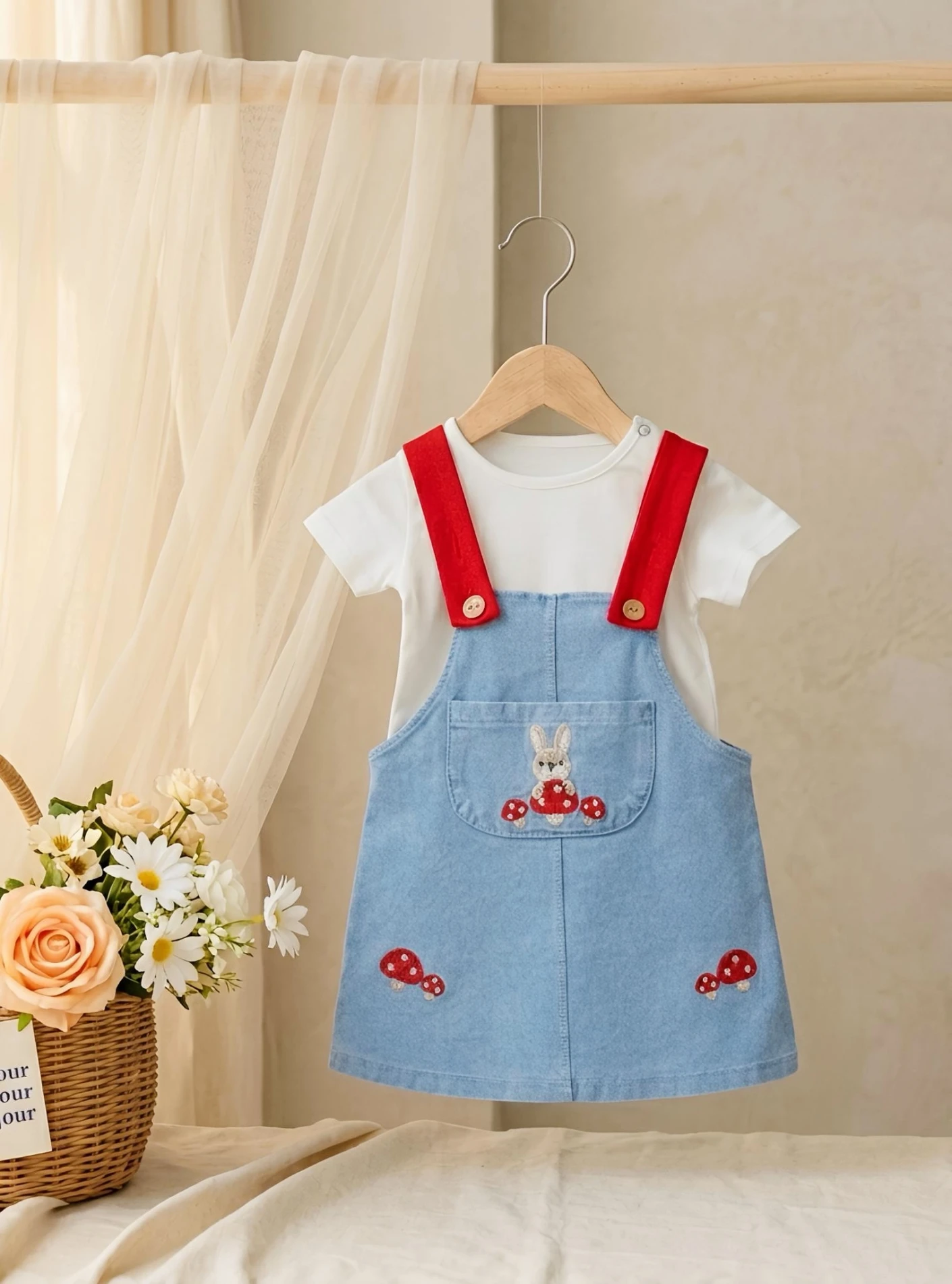 Rabbit Nakışlı Likralı Yumuşacık Kumaş Kot Jile Elbiseli Fırfır Kollu Tişörtlü 2’li Elbise Set