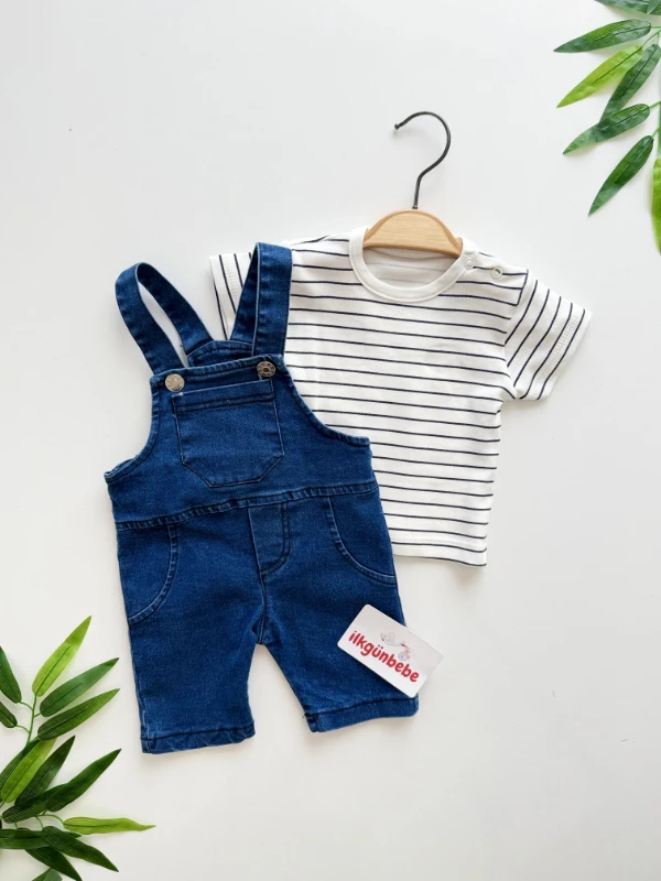 Çizgili Bodyli Kot Salopetli Set