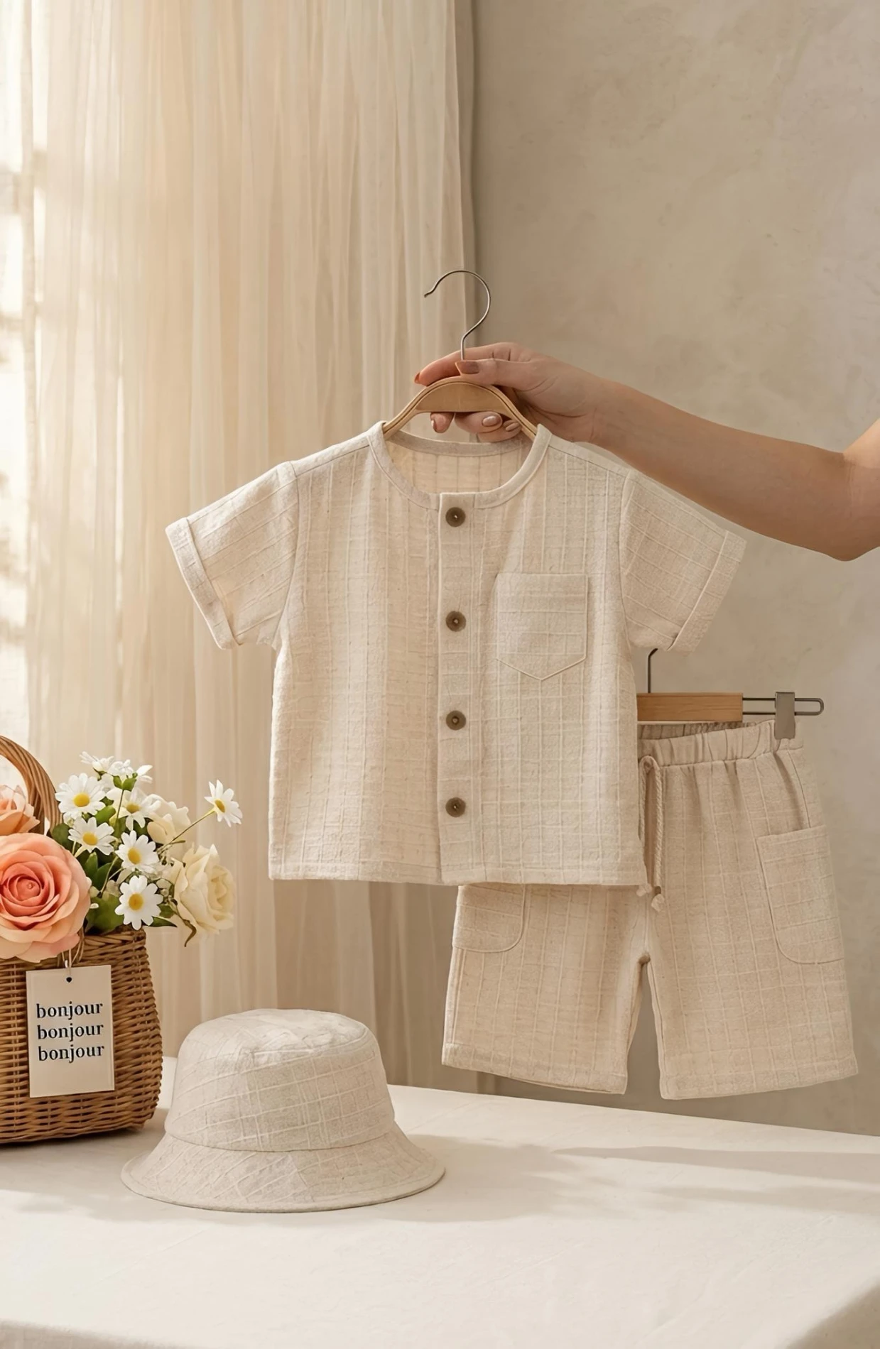 Müslin Şapkalı Müslin Gömlek ve Şort Takım