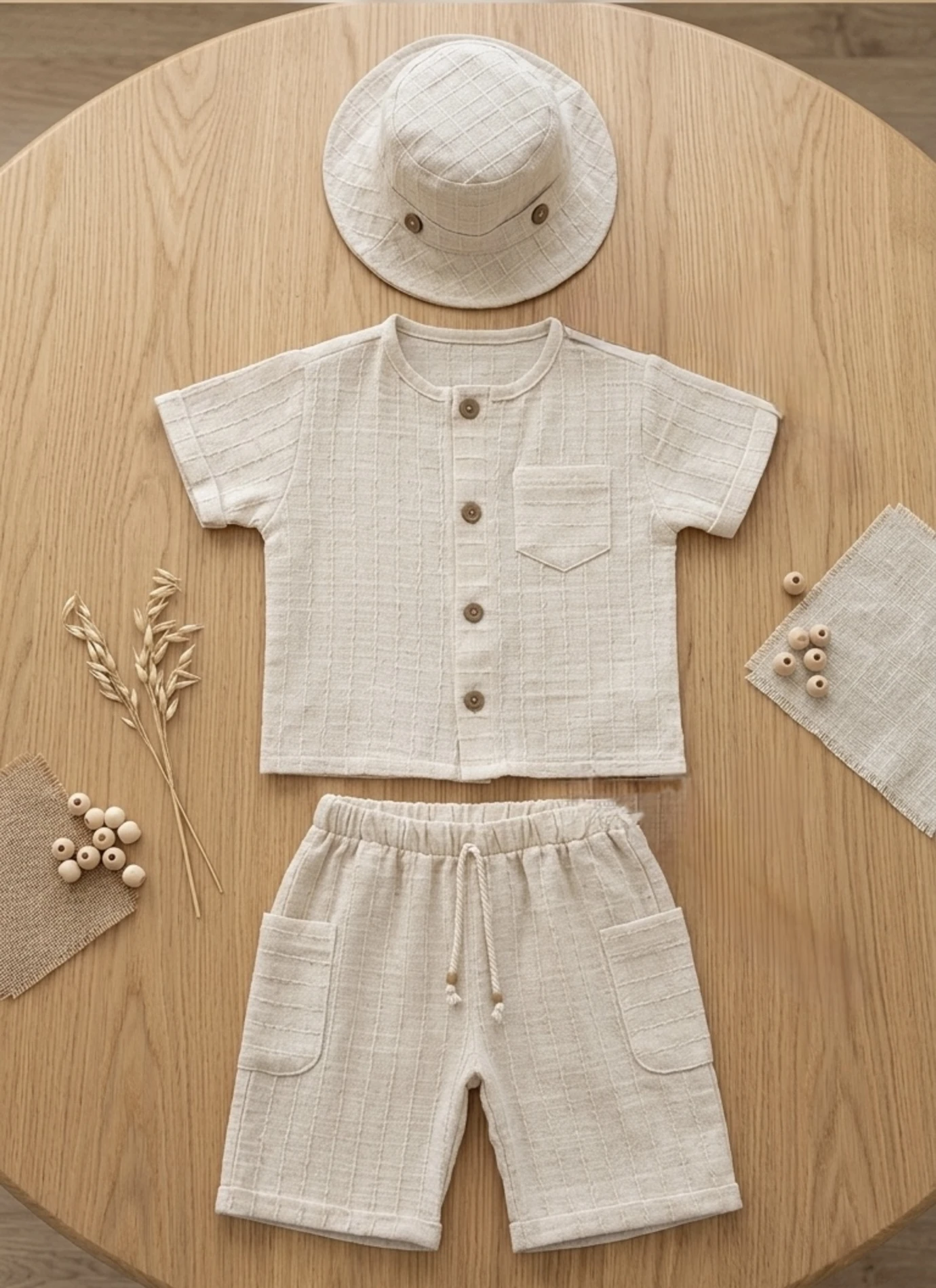 Müslin Şapkalı Müslin Gömlek ve Şort Takım