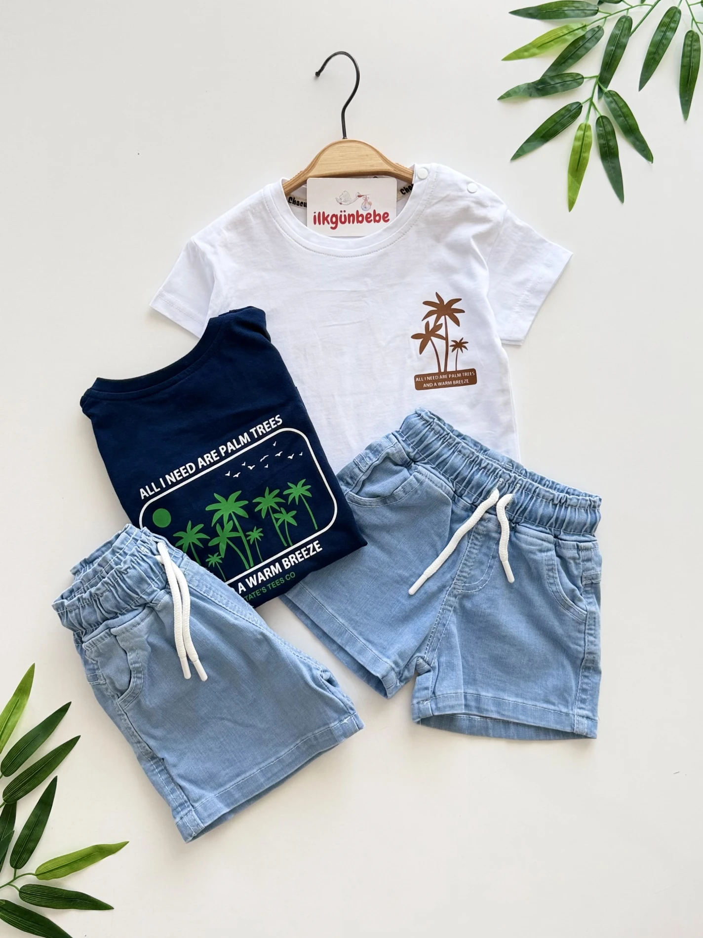 Palmiye Desenli Kot Şortlu Takım