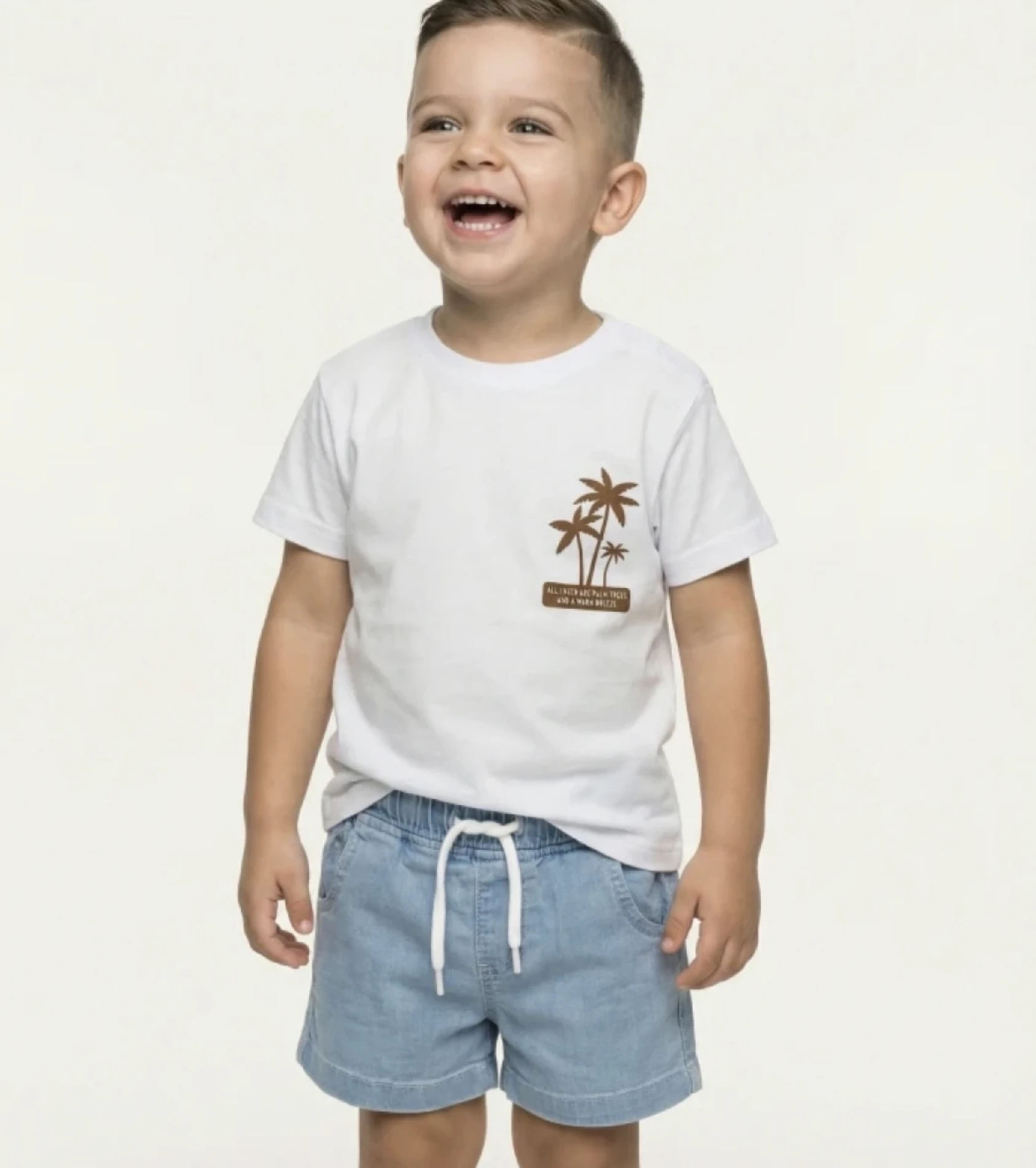 Palmiye Desenli Kot Şortlu Takım