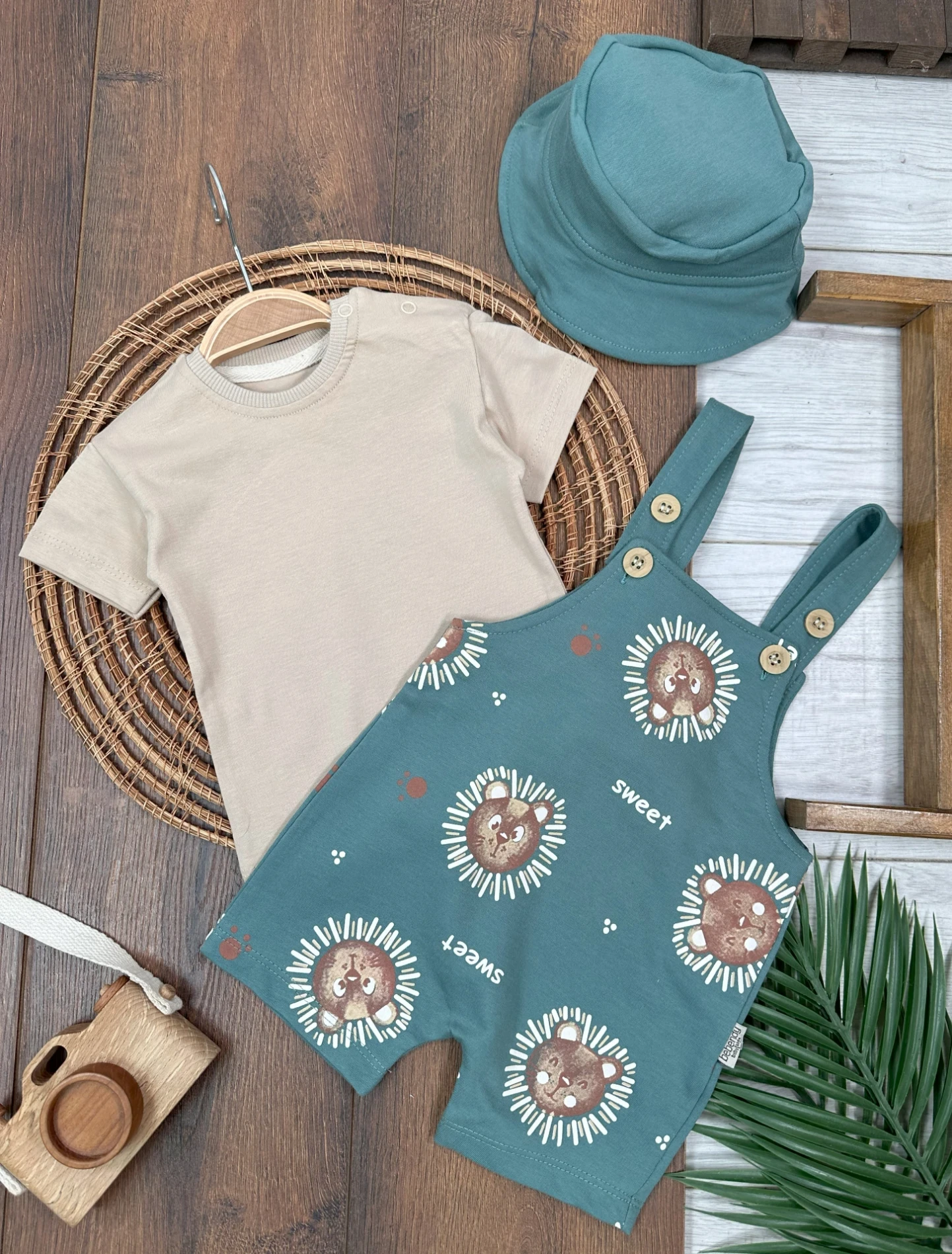 Sweet Animals Bucket Şapkalı %100 Pamuk  Kumaşlı Tişörtlü Salopetli 3’lü Takım