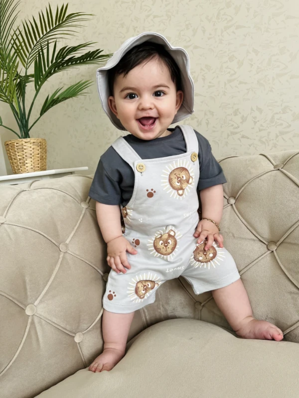 Sweet Animals Bucket Şapkalı %100 Pamuk  Kumaşlı Tişörtlü Salopetli 3’lü Takım