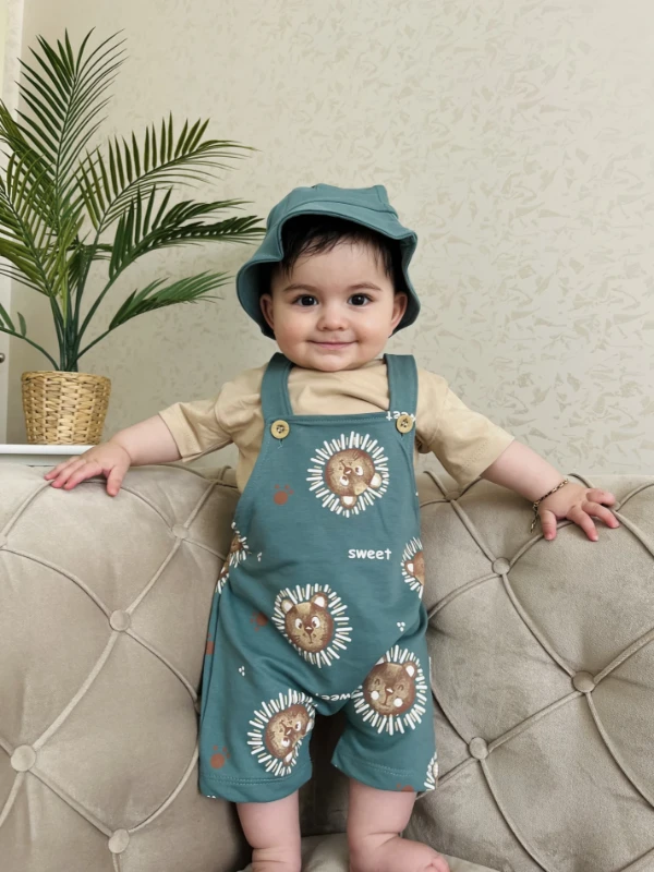 Sweet Animals Bucket Şapkalı %100 Pamuk  Kumaşlı Tişörtlü Salopetli 3’lü Takım